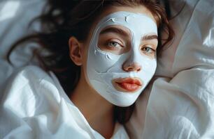 ai gegenereerd mooi vrouw vervelend masker in de ochtend- met wit gelaats huid foto