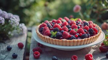 ai gegenereerd vers BES taart Aan een houten tafel in een breed zomer tuin foto