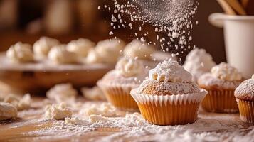 ai gegenereerd een 12 jaar oud meisje kreeg gedekt in meel terwijl bakken cupcakes foto