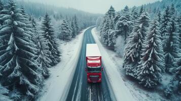 ai gegenereerd een groot rood eenzaam vrachtauto schijven langs de weg door de eindeloos winter Woud foto