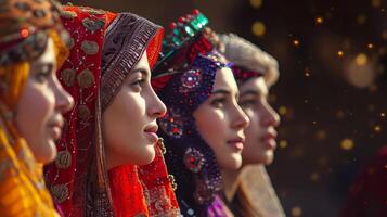 ai gegenereerd vier immigrant Dames slijtage hijab levendig kleuren en ingewikkeld ontwerpen. foto