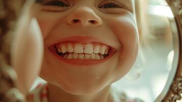 ai gegenereerd mondeling hygiëne tandheelkundig zorg in kind spiegel reflecterend meisje glimlach wit tanden foto