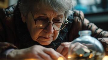 ai gegenereerd oud vrouw tellen munten van een pot financieel probleem in oud leeftijd foto