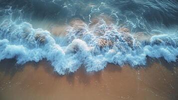 ai gegenereerd mooi blauw oceaan golven Aan schoon zanderig strand achtergrond. zomer vakantie achtergrond concept. foto