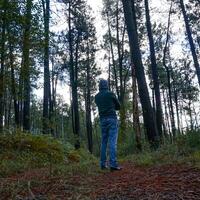 Mens trekking in de berg in herfst seizoen foto