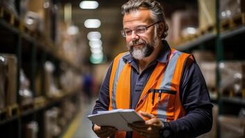 ai gegenereerd levering keten expertise - middelbare leeftijd Mens Bij logistiek bedrijf foto