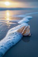 ai gegenereerd een zee slak gewassen aan wal door de ochtend- golven van een kalmte zee foto