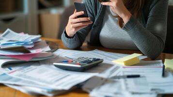 ai gegenereerd een spanning vrouw beheren belastingen Aan de telefoon met een belasting adviseur foto