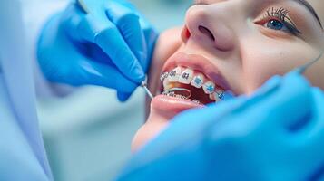 ai gegenereerd orthodontisch behandeling focus tandarts passend een geduldig met een beugel in een kliniek foto