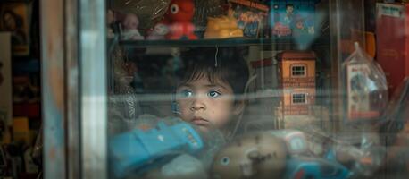 ai gegenereerd een jongen op zoek Bij speelgoed- winkel speelgoed Scherm achter de glas foto