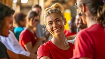 ai gegenereerd een groep van vrijwilligers organiserende een baan eerlijk in een gemeenschap centrum aanbieden ondersteuning werkloosheid. foto