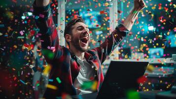 ai gegenereerd voorraad markt succes met laptop en confetti foto