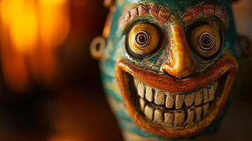 ai gegenereerd een kleurrijk keramisch beeldhouwwerk demon verschrikking masker met geel tanden foto