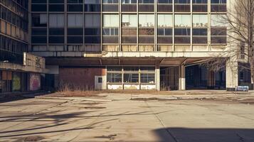 ai gegenereerd stedelijk landschap met graffiti, gebroken ramen, en overwoekerd onkruid en verlaten kantoor gebouwen economisch neergang. foto