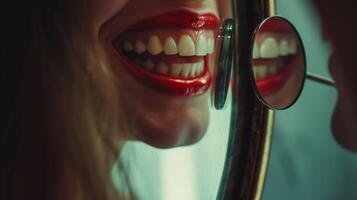 ai gegenereerd vrouw gezond tanden met een tandheelkundig spiegel glimlach in een spiegel perfect wit tanden en lippenstift foto