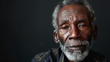 ai gegenereerd oud Afrikaanse dakloos Mens Aan zwart getroffen door baan bezuinigingen foto
