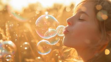 ai gegenereerd bubbels drijvend in de lucht met een vrouw blazen zeep bubbel in een zomer foto