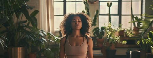 ai gegenereerd zelf zorg vrouw meditatie aansluiten met natuur in binnen- tuin werk leven balans foto