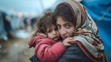 ai gegenereerd immigrant moeder knuffel haar kind in een immigrant kamp foto