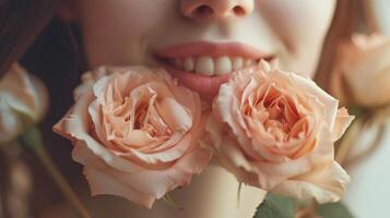 ai gegenereerd mooi glimlach vrouw bloeiend Holding een rozen met perfect wit tanden foto