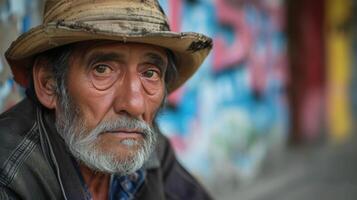 ai gegenereerd oud Mens met een hoed kleurrijk graffiti muur wazig in de achtergrond. foto
