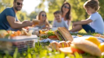 ai gegenereerd een familie genieten van een picknick in een park eigengemaakt boterhammen en snacks Ingepakt buitenshuis activiteiten foto