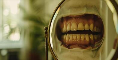 ai gegenereerd tandheelkundig zorg een spiegel reflectie van glimlach met geel tanden tandheelkundig zorg en mondeling hygiëne. foto