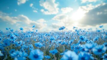 ai gegenereerd mooi natuurlijk achtergrond met blauw bloem veld- en blauw lucht groot copyspace Oppervlakte met kopiëren ruimte voor tekst foto