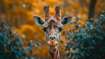 ai gegenereerd giraffe portret met herfst gebladerte foto