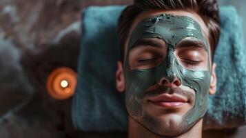 ai gegenereerd sereen spa dag, luxe huidsverzorging met klei gelaats masker behandeling foto
