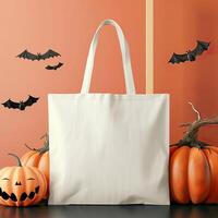 ai gegenereerd tote zak in halloween tafereel, blanco mockup met spookachtig element foto