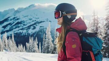 ai gegenereerd winter spanning, meisje snowboarder in de alpine wonderland foto