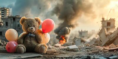ai gegenereerd teddy beer temidden van verwoesting, symbool van hoop en onschuld foto