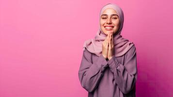 ai gegenereerd vieren succes, expressief moslim vrouw in hijab foto