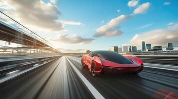 ai gegenereerd futuristische ev auto Aan snelweg, luxe sport- voertuig met autonoom het rijden foto