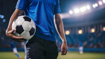 ai gegenereerd voetbal atleet in actie, professioneel Amerikaans voetbal speler Aan stadion veld- foto