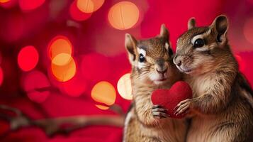 ai gegenereerd grappig dier Valentijnsdag dag liefde bruiloft viering concept groet kaart schattig eekhoorns paar Holding rood hart rood achtergrond foto