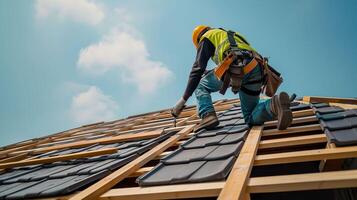 ai gegenereerd bouw arbeider veiligheid, op het dak project met stoel riem foto