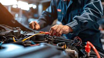 ai gegenereerd professioneel auto onderhoud, technicus handen Bij werk Aan elektrisch systeem foto