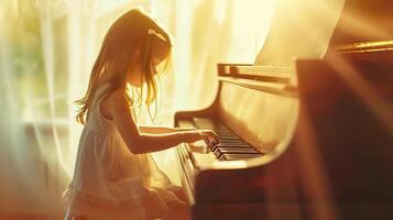 ai gegenereerd piano gelukzaligheid, jong meisjes ochtend- melodieën in de comfort van huis foto