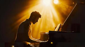 ai gegenereerd concert elegantie, dramatisch verlichting voor piano prestatie foto