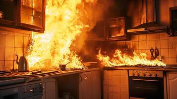 ai gegenereerd ontsnappen de brandend keuken, intens huis brand ramp foto