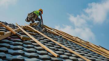 ai gegenereerd bouw arbeider veiligheid, op het dak project met stoel riem foto