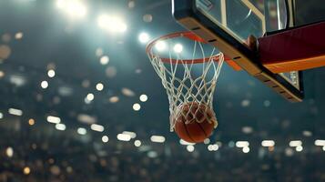 ai gegenereerd een mand bal vliegt in de mand tegen de achtergrond van een basketbal arena foto