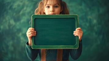 ai gegenereerd meisje Holding blanco groen schoolbord Aan groen achtergrond foto