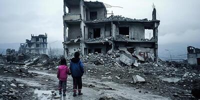 ai gegenereerd veerkrachtig onschuld, verkennen oorlog gescheurd ruïnes met kinderen foto