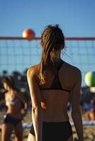 ai gegenereerd strand volleybal levensstijl, atletisch meisje in actie Aan zand foto