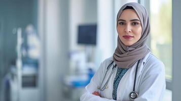 ai gegenereerd jong moslim dokter in hijab glimlachen in helder medisch kantoor foto