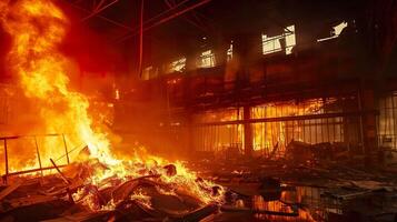 ai gegenereerd vurig ramp, intens vlammen in industrieel instelling foto