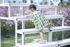 mooi vrouw Azië stijl Aan geel bloem tuin en op zoek glimlach gelukkig tijd Aan de dag foto